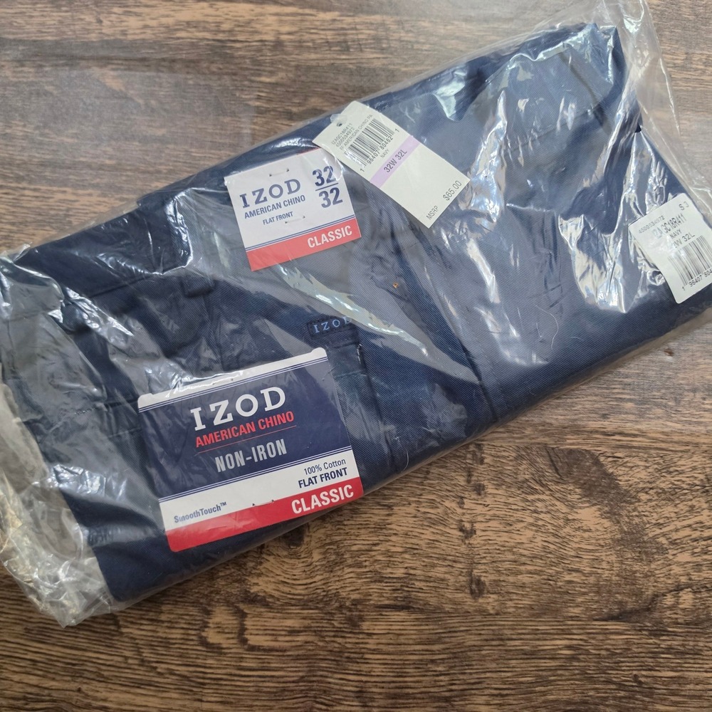 IZOD American Chino Pants Men 32x32 Navy Blue Non-Iron Flat Front Classic Fit - Picture 9 of 10